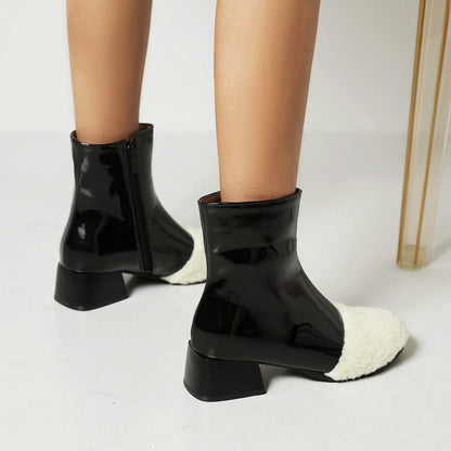 Winter Leather Waterproof Ankle Boots Block Heel Warm Snow Booties