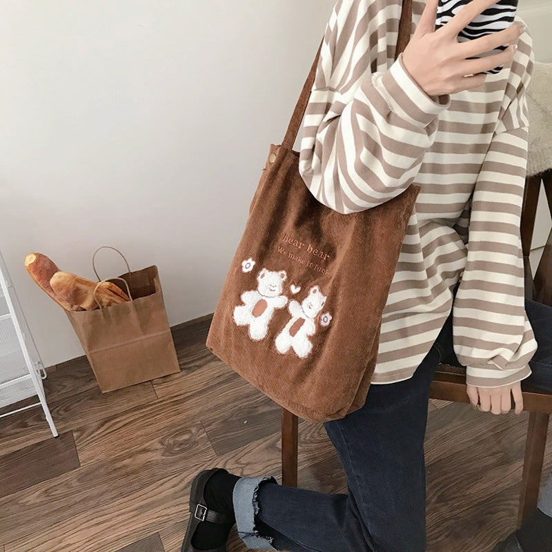 Women's Casual Corduroy Tote Bag with Embroidered Detail