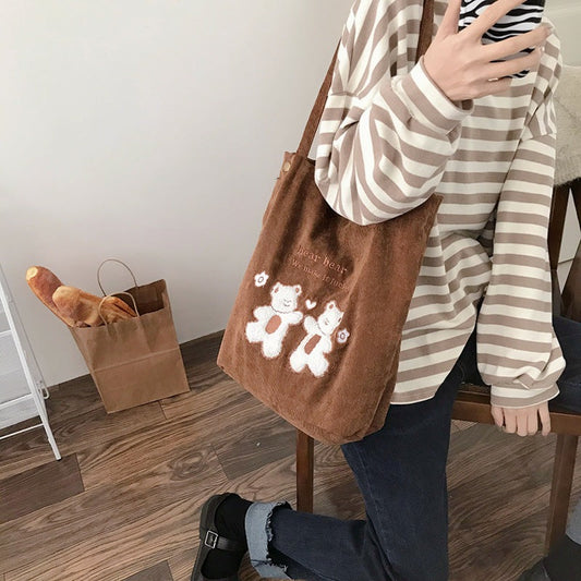 Women's Casual Corduroy Tote Bag with Embroidered Detail