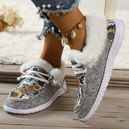 Wild Wendy Print Splicing Winter Flats Slip on Loafers Warm Fur Lined Ankle Boots
