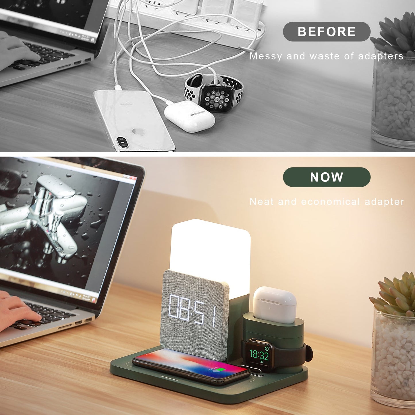 4 In 1 Fast Wireless Charger Station & Lamp With Alarm Clock