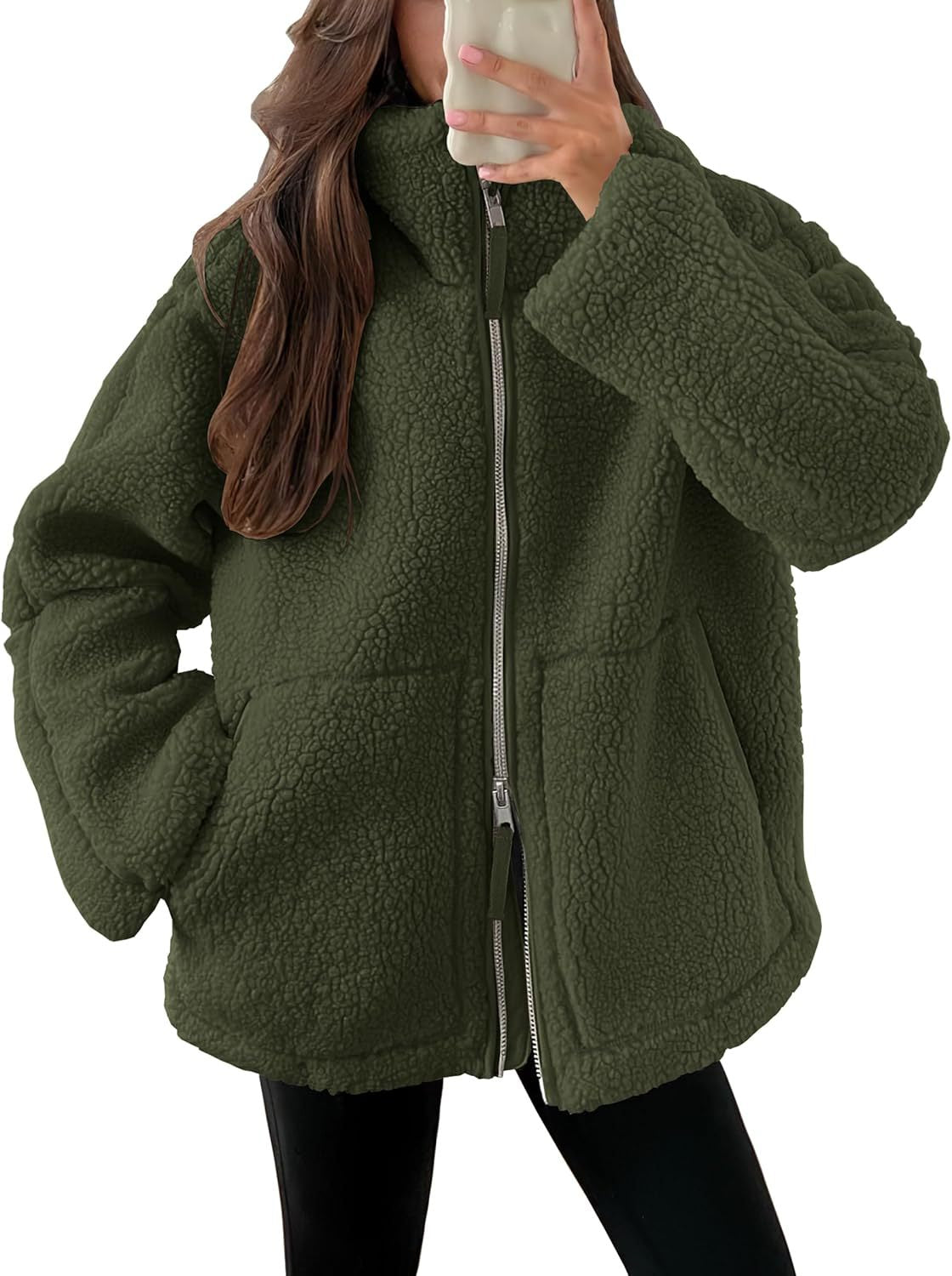 Women's Casual Fleece Zip-Up Coat with Lapel and Pockets