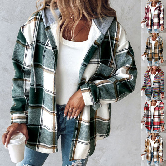 Women's Casual Plaid Hooded Jacket with Button Pockets
