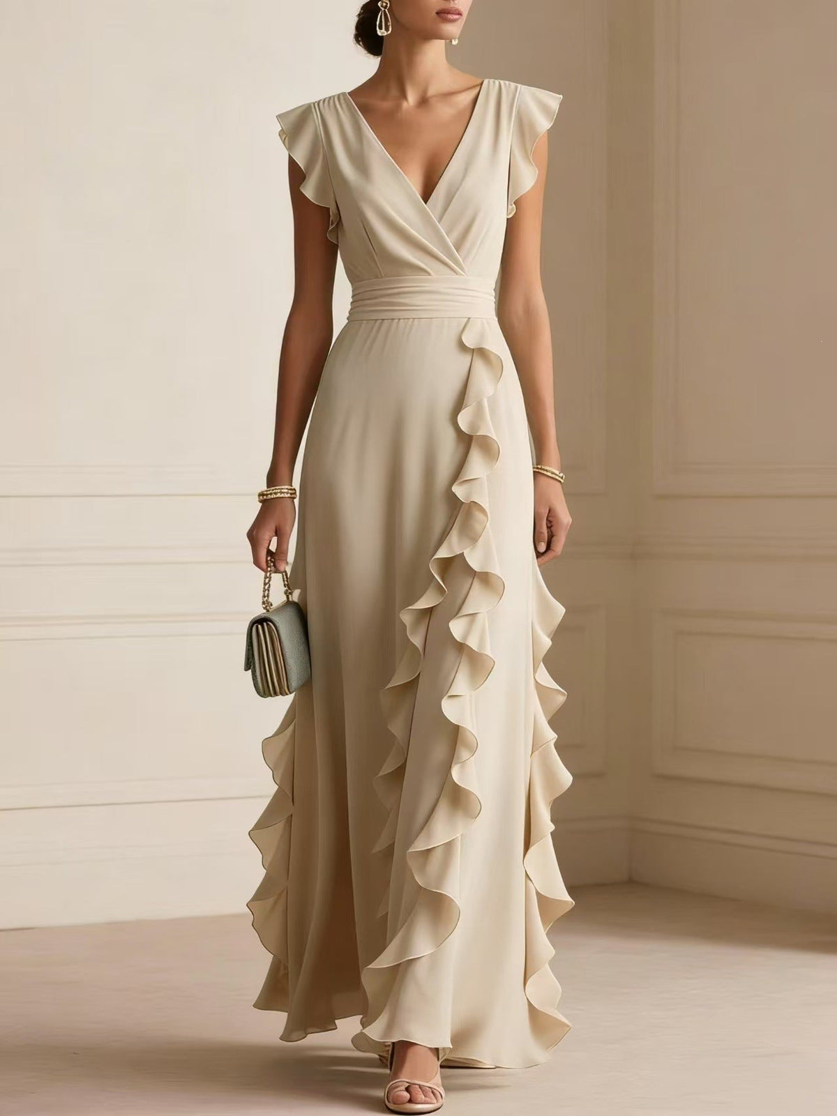 Women's Elegant V-Neck Pleated Maxi Dress