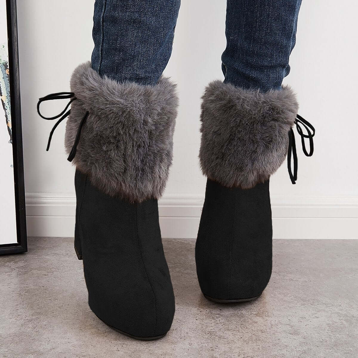 Furry Lined Ankle Snow Boots Platform Chunky High Heel Booties