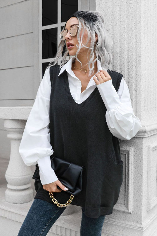 Casual Pocketed Sleeveless Vest Sweater - OutfitLondon