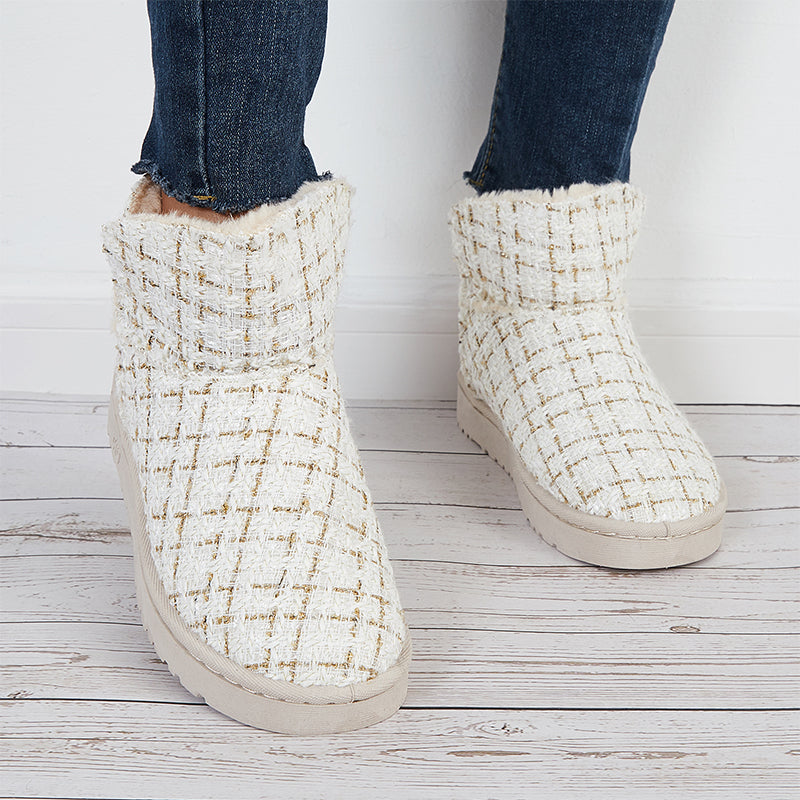Plaid Design Slip On Ankle Boots Winter Thermal Snow Short Booties