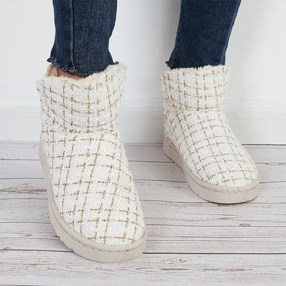 Plaid Design Slip On Ankle Boots Winter Thermal Snow Short Booties