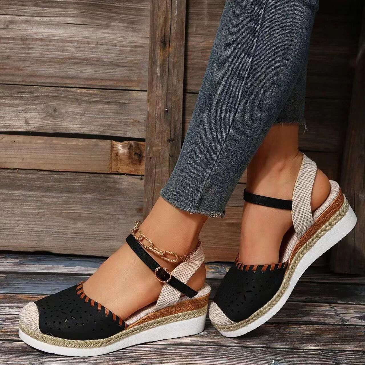 Women's Closed-Toe Espadrilles with Ankle Strap and Wedge Sole