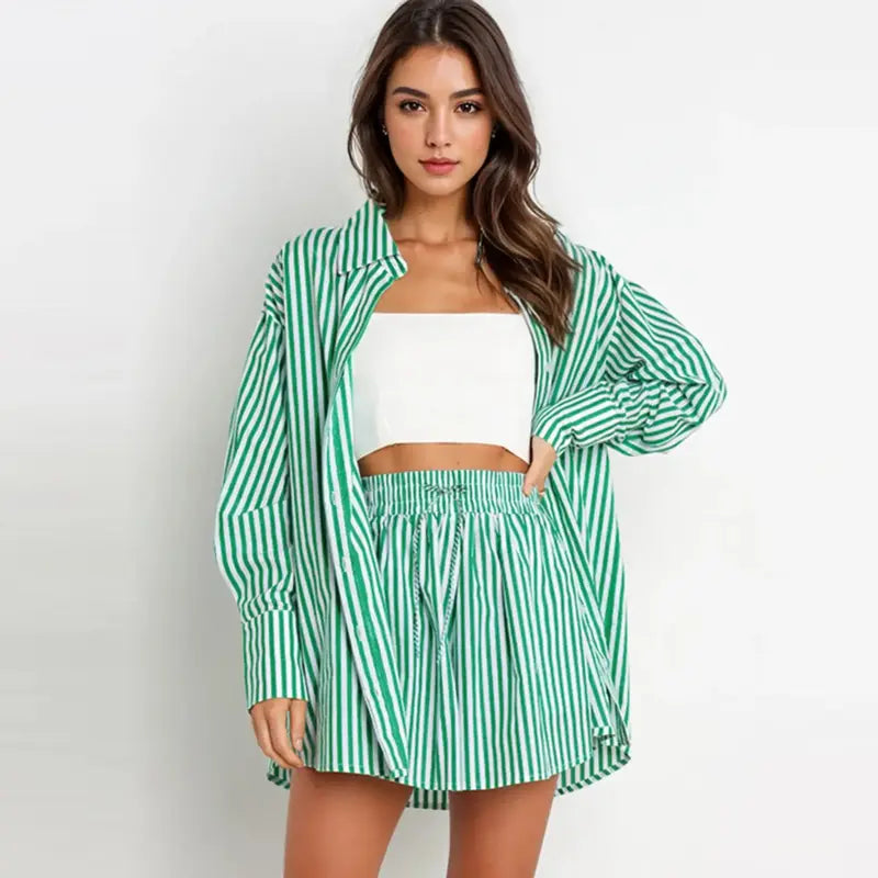 Casual Stripe Button Down Shirt and Shorts Set