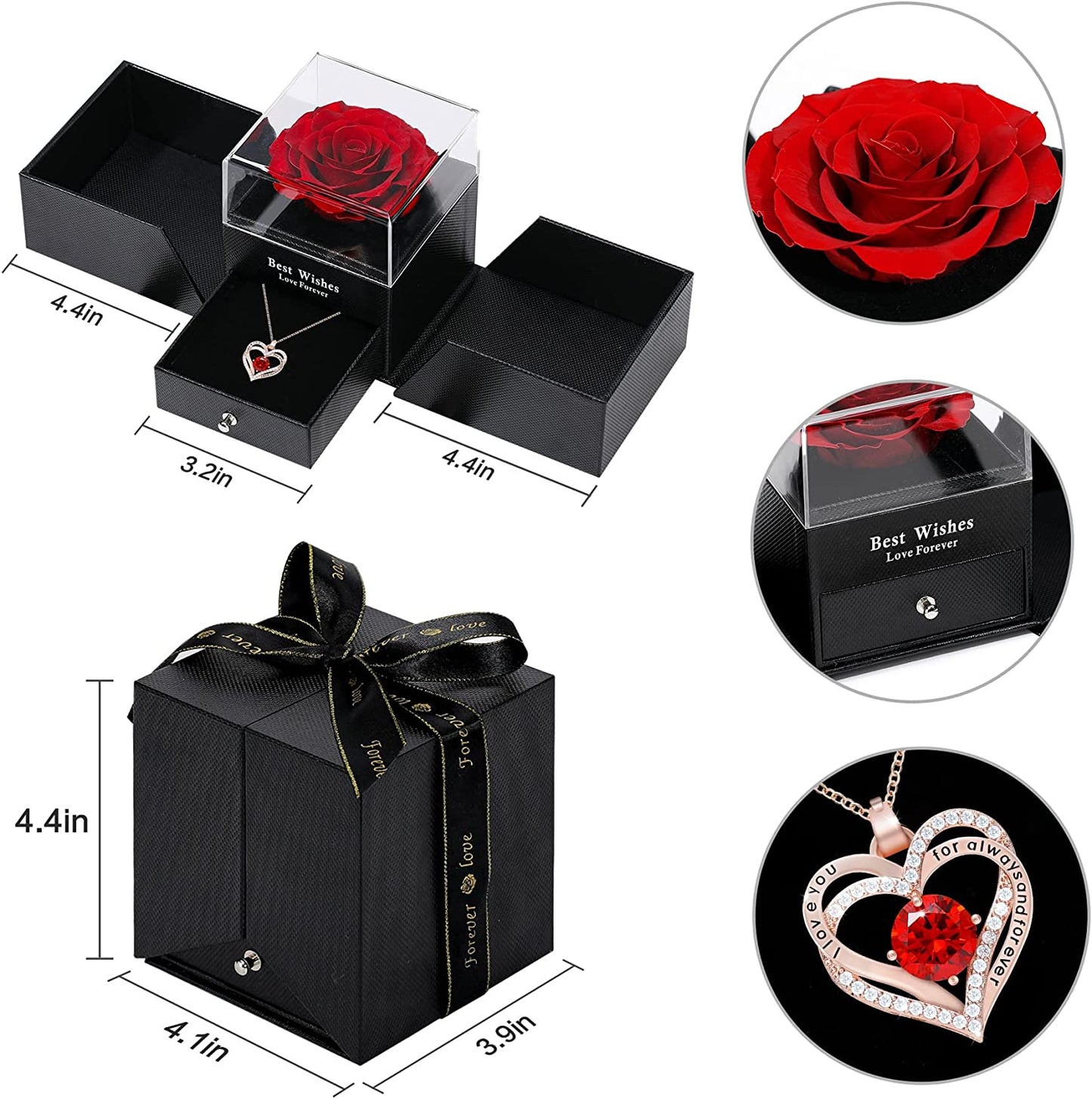 Preserved Real Rose With Forever Love Heart Necklace Gift Set