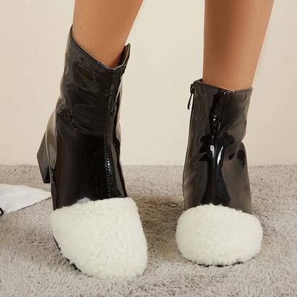 Winter Leather Waterproof Ankle Boots Block Heel Warm Snow Booties