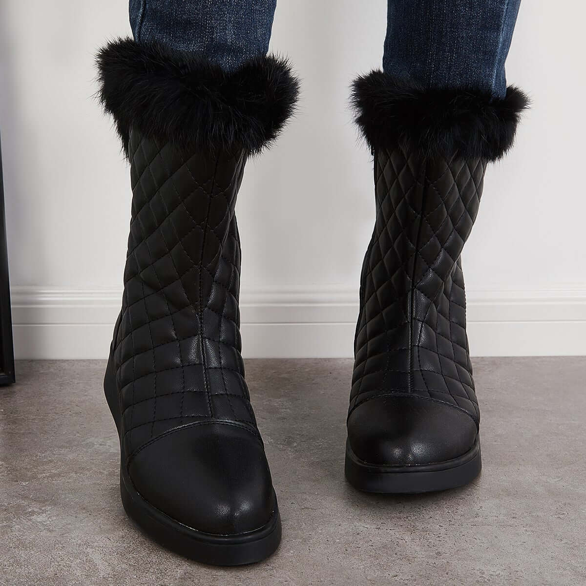 Warm Faux Fur Mid Calf Snow Boots Side Zipper Winer Boots