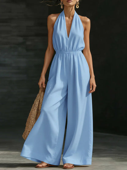 Women's Stylish V-Neck Halter Neck Wide-Leg Jumpsuit