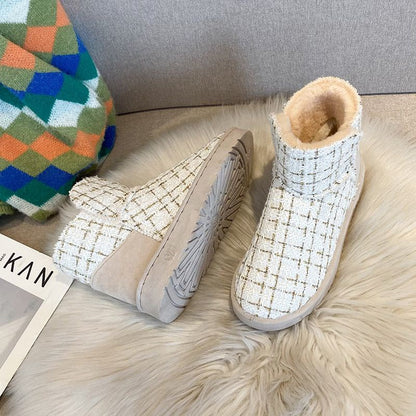 Plaid Design Slip On Ankle Boots Winter Thermal Snow Short Booties