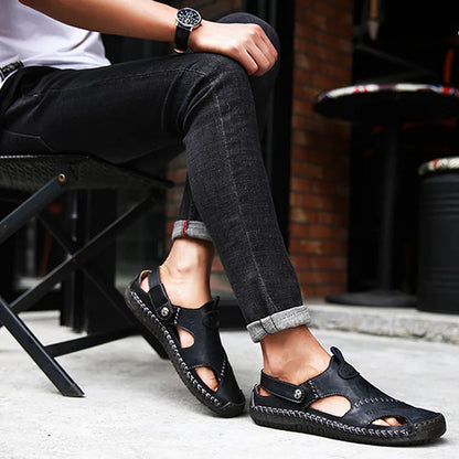 Men's Summer Hand Stitching Soft Outdoor Closed Toe Leather Beach Sandals Slippers