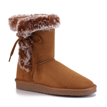 Non Slip Snow Short Booties Side Lace Up Faux Fur Ankle Boots