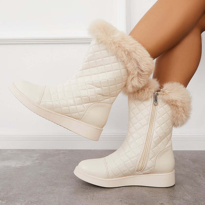 Warm Faux Fur Mid Calf Snow Boots Side Zipper Winer Boots