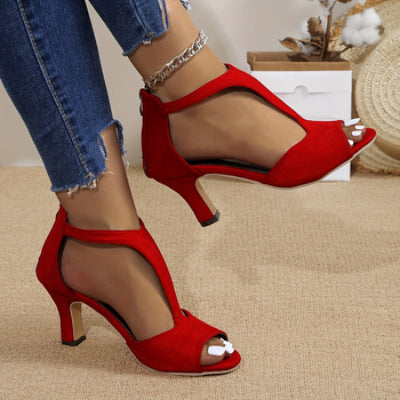 Women's Elegant Open Toe Leather High Heel Sandals with Zipper Closure