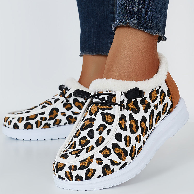 Leopard Winter Warm Flats Plush Faux Fur Lined Non Slip Boots