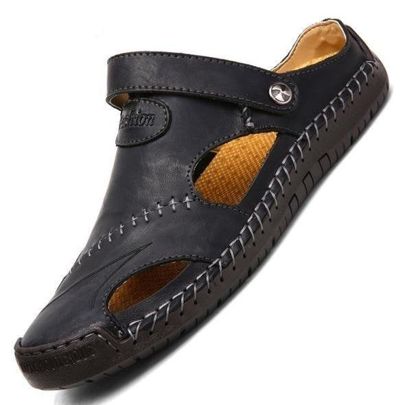 Men's Summer Hand Stitching Soft Outdoor Closed Toe Leather Beach Sandals Slippers