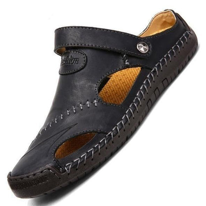 Men's Summer Hand Stitching Soft Outdoor Closed Toe Leather Beach Sandals Slippers