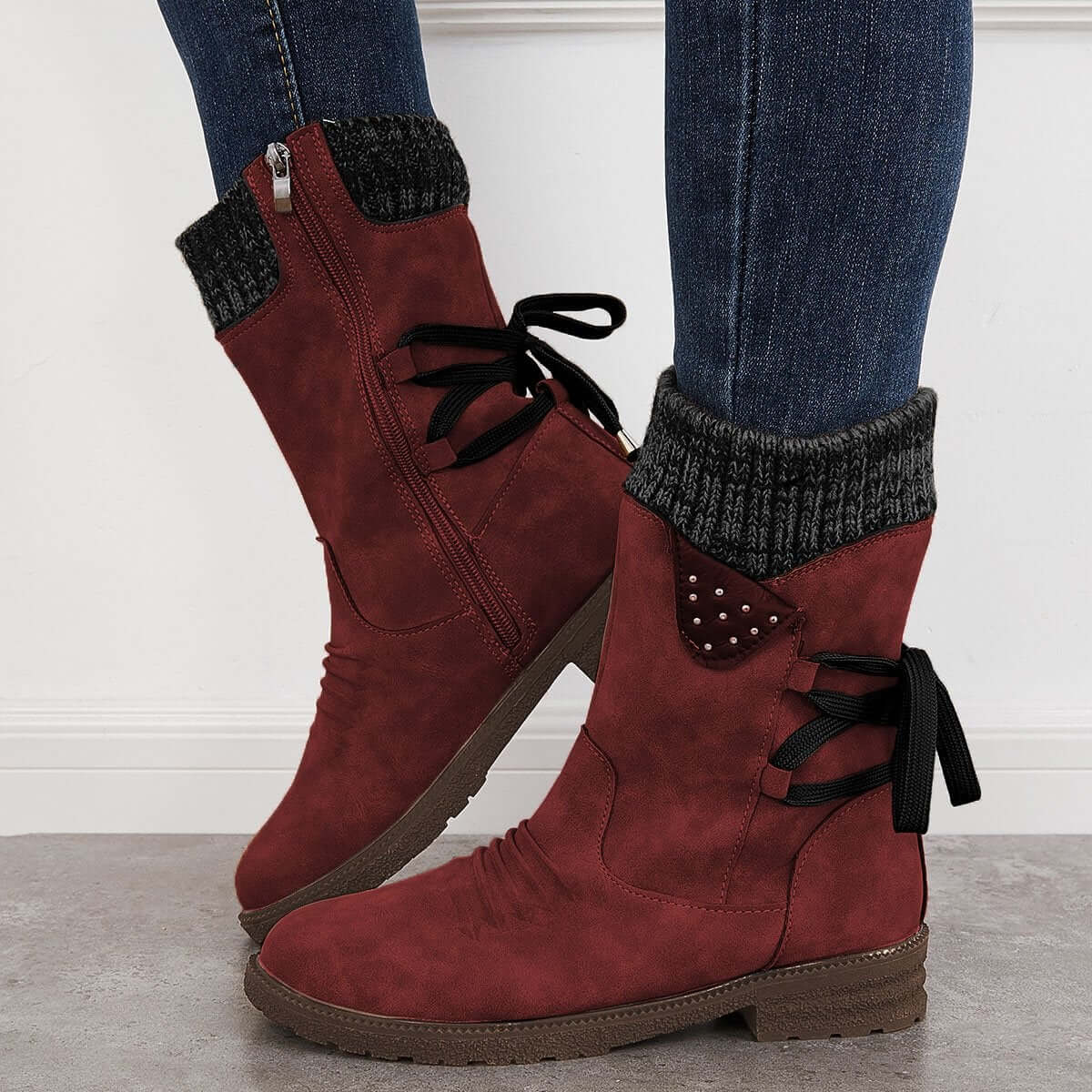 Waterproof Suede Block Heel Ankle Boots Side Zipper Booties