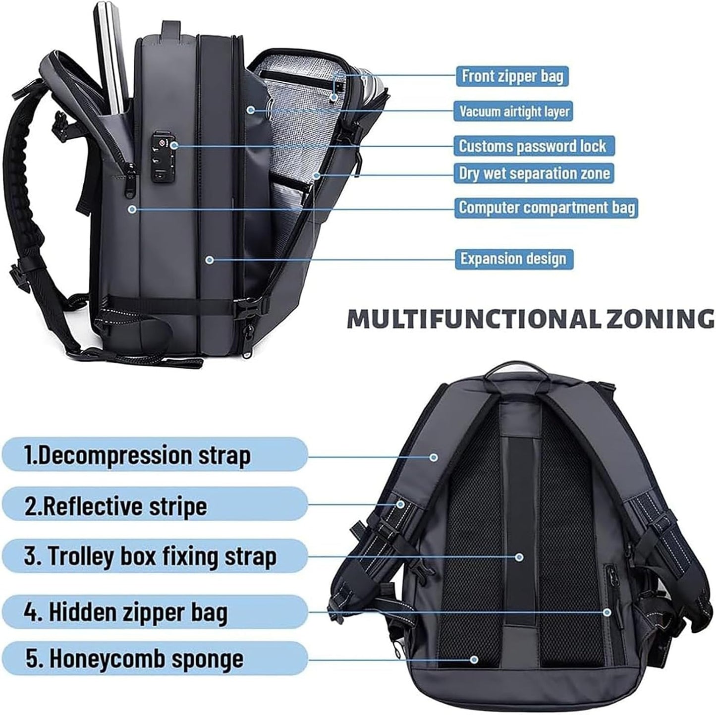 Waterproof Security Hiking Backpack with Lock & Rain Cover