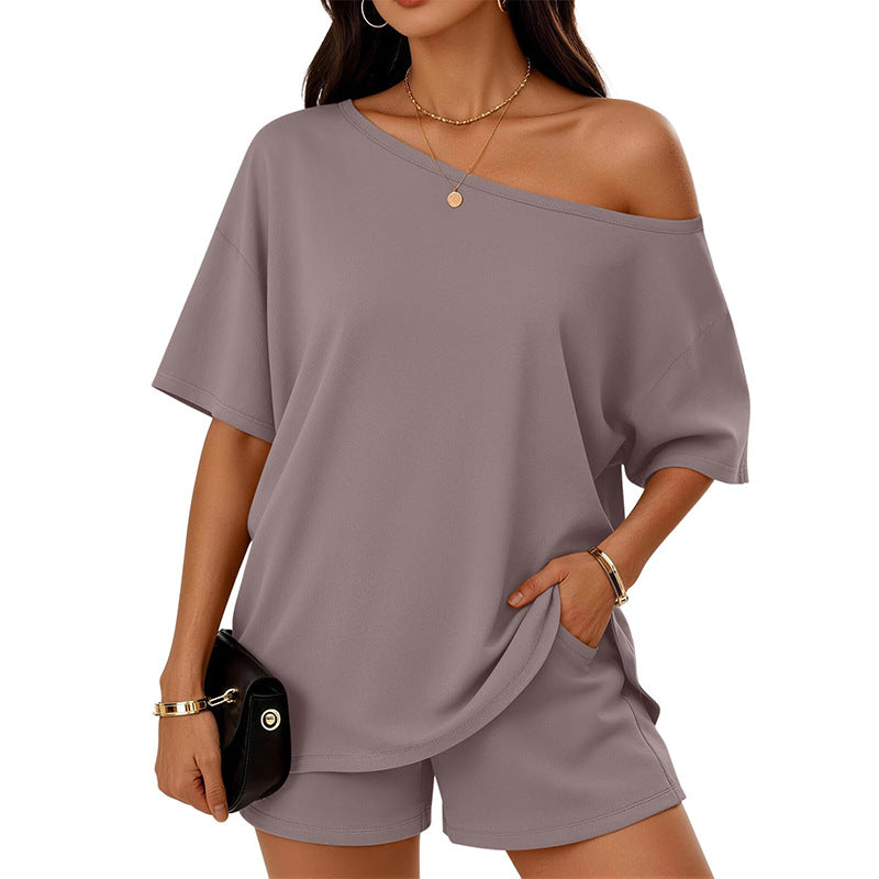 Women's Casual Cotton Slant-Neck Top and Shorts Loungewear Set