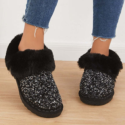 Faux Fur Sequin Flat Ankle Boots Side Zipper Short Booties