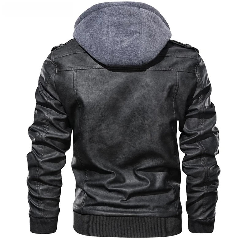 Synthetic Leather Biker Jacket with Removable Hood