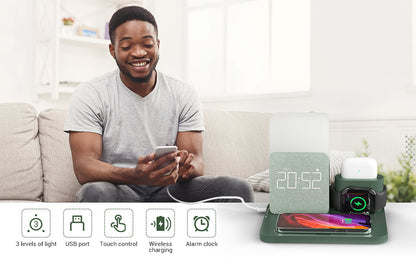 4 In 1 Fast Wireless Charger Station & Lamp With Alarm Clock