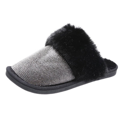 Black Warm Faux Fur Mule Slipper Furry Soft Slip on Shoes