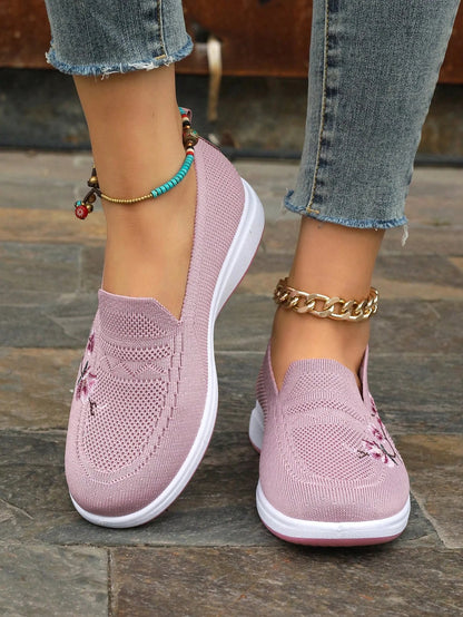 Sporty Sneakers For Women, Floral Embroidered Slip On Rocking Shoes
