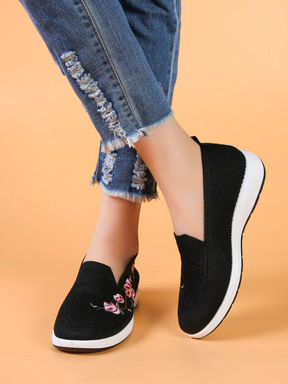 Sporty Sneakers For Women, Floral Embroidered Slip On Rocking Shoes