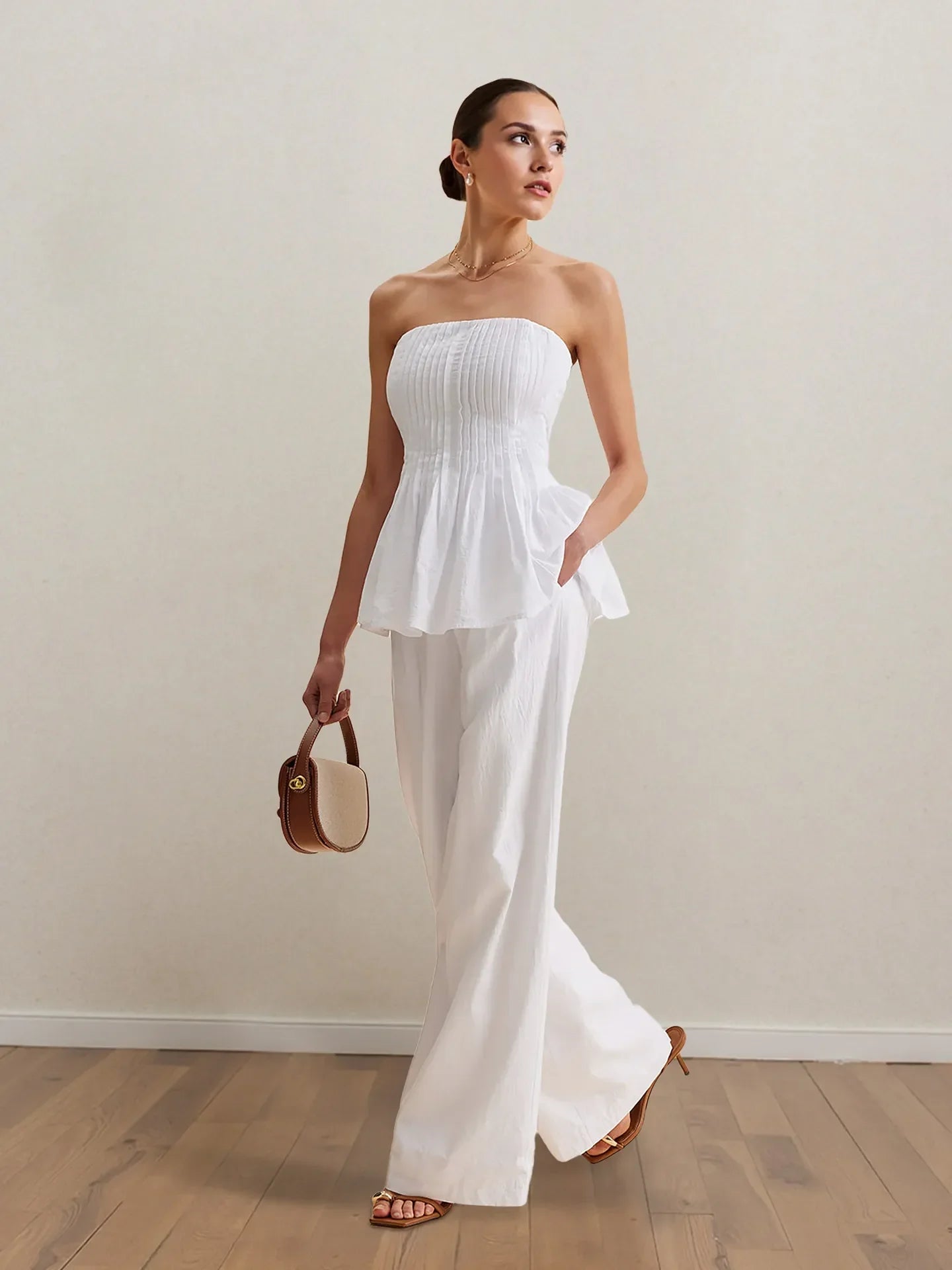 Chic Cold Shoulder Blouse and Wide Leg Pants Set - OutfitLondon