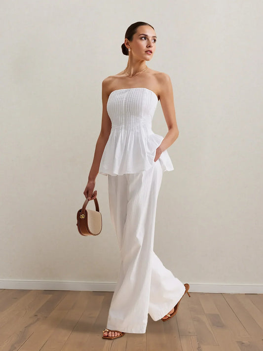 Chic Cold Shoulder Blouse and Wide Leg Pants Set - OutfitLondon