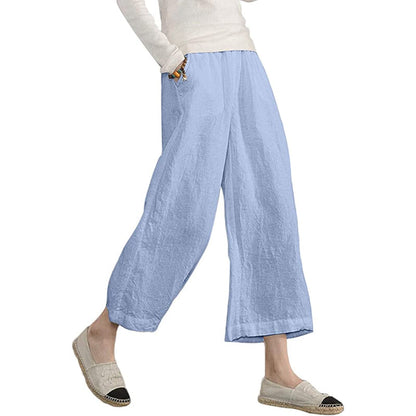 Women Loose Cotton Capris Cropped Wide Leg Pants