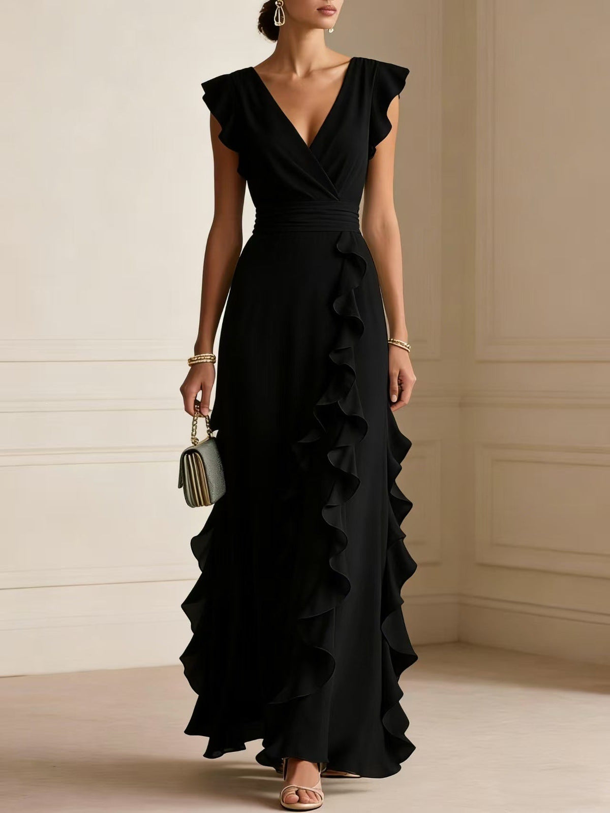 Women's Elegant V-Neck Pleated Maxi Dress