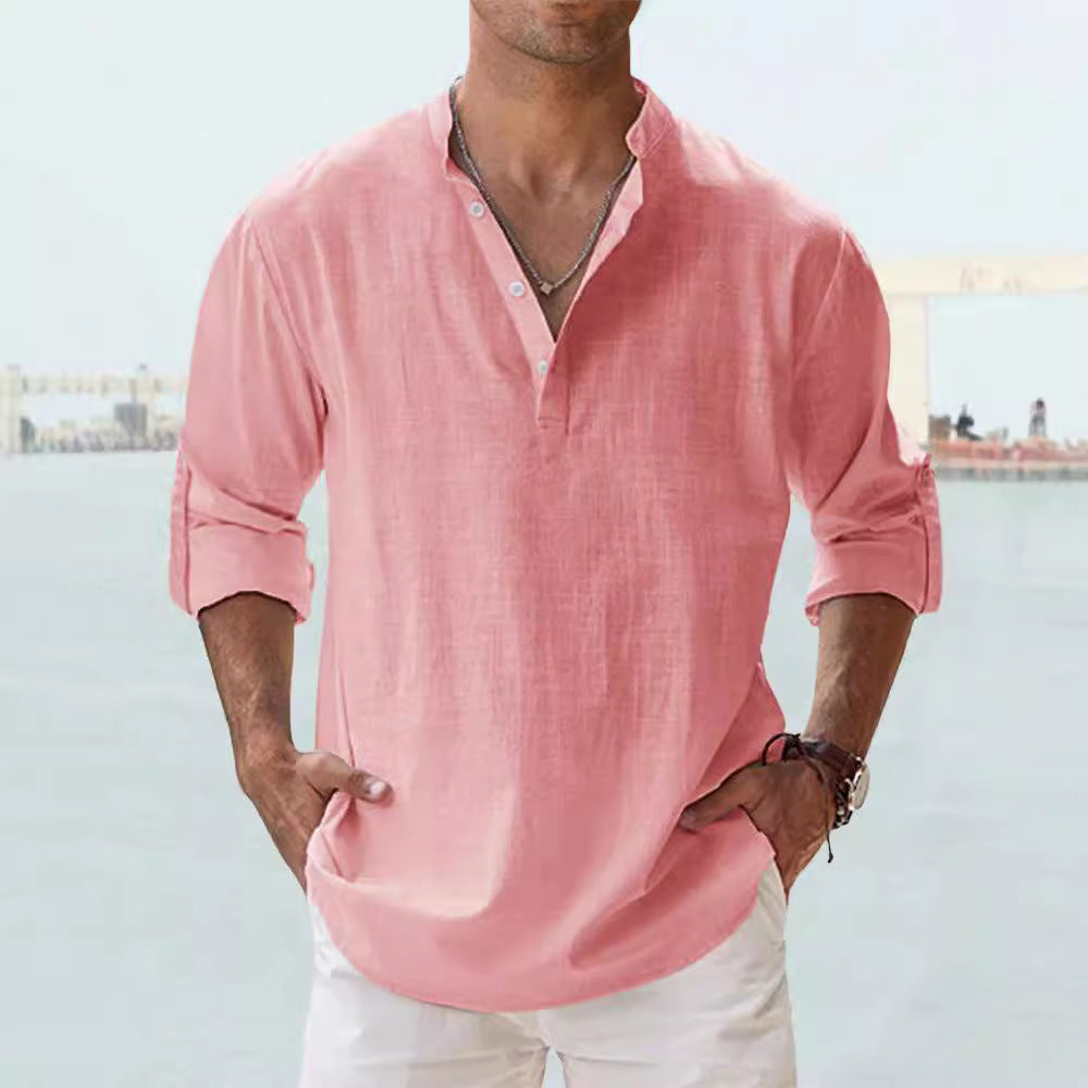 Men's Casual Cotton Long Sleeve T-Shirt with Stand-Up Collar