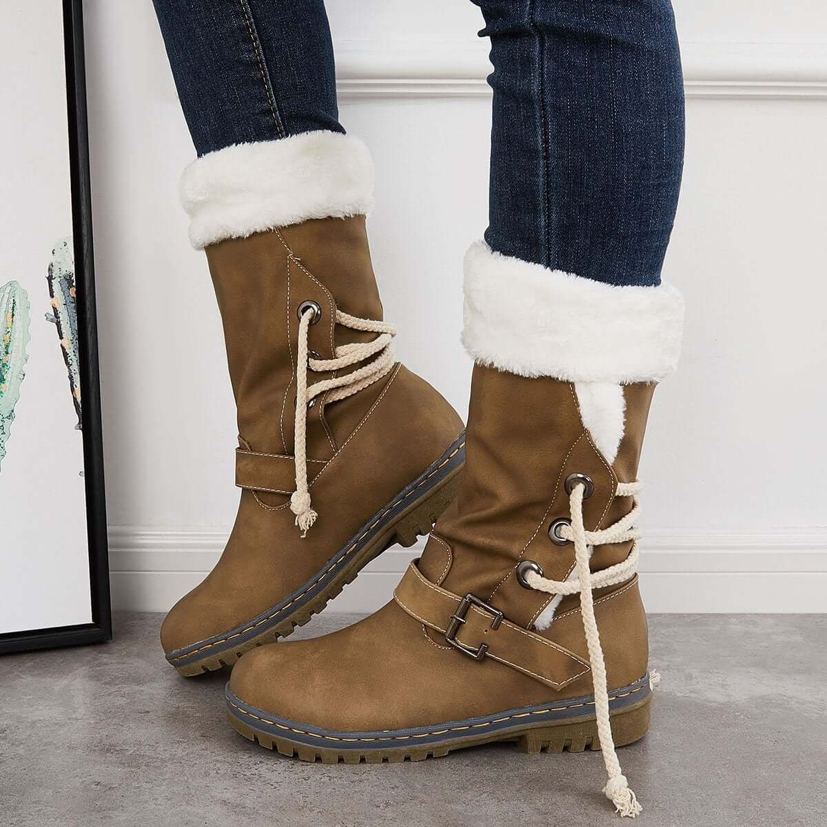Mid Calf Winter Pull on Booties Mid Knee High Snow Boots