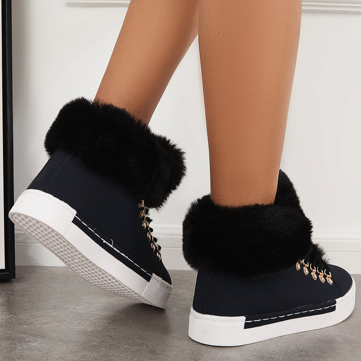 Platform Lace Up Warm Fur Lined Sneakers Flat Ankle Boots