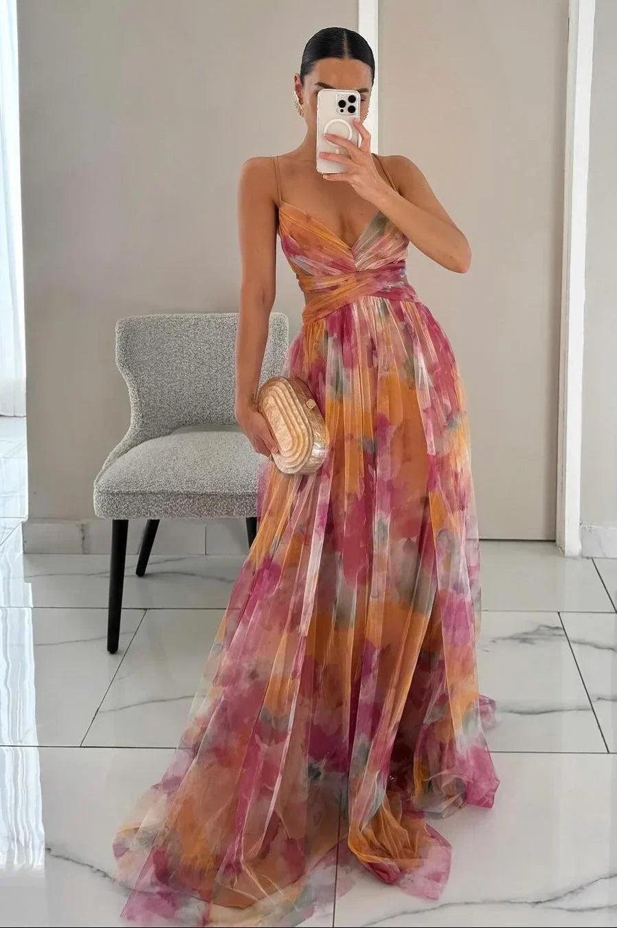 Elegant Long Sleeve Maxi Dress with Ruffled Details - OutfitLondon