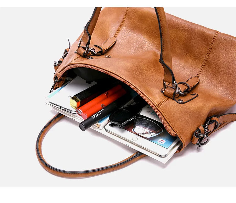 Spacious Vintage Leather Tote Bag with Strap