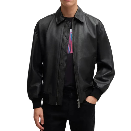 Men's Leather Look Bomber Jacket Black Relaxed Fit - OutfitLondon