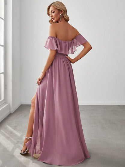 Estelle | Off-Shoulder Ruffle Bridesmaid Dress with Thigh Split