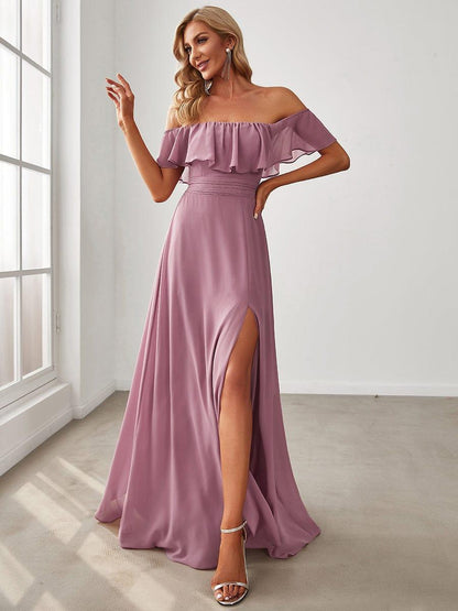 Estelle | Off-Shoulder Ruffle Bridesmaid Dress with Thigh Split