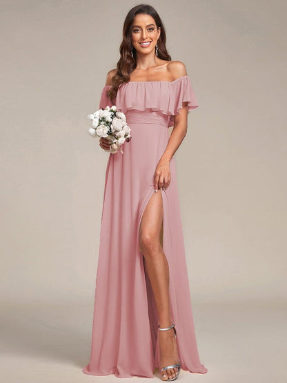 Estelle | Off-Shoulder Ruffle Bridesmaid Dress with Thigh Split