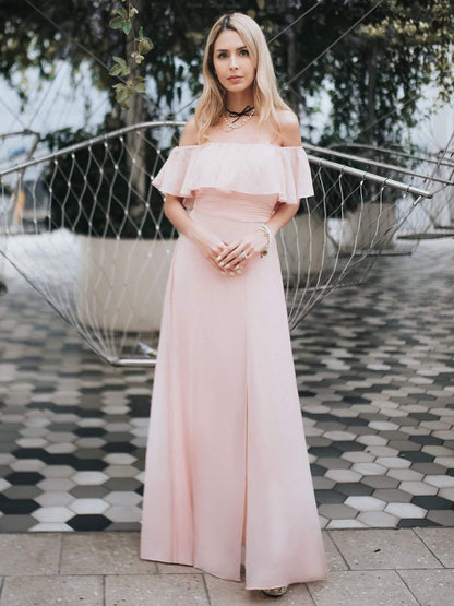 Estelle | Off-Shoulder Ruffle Bridesmaid Dress with Thigh Split