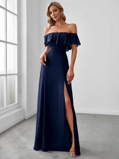 Estelle | Off-Shoulder Ruffle Bridesmaid Dress with Thigh Split
